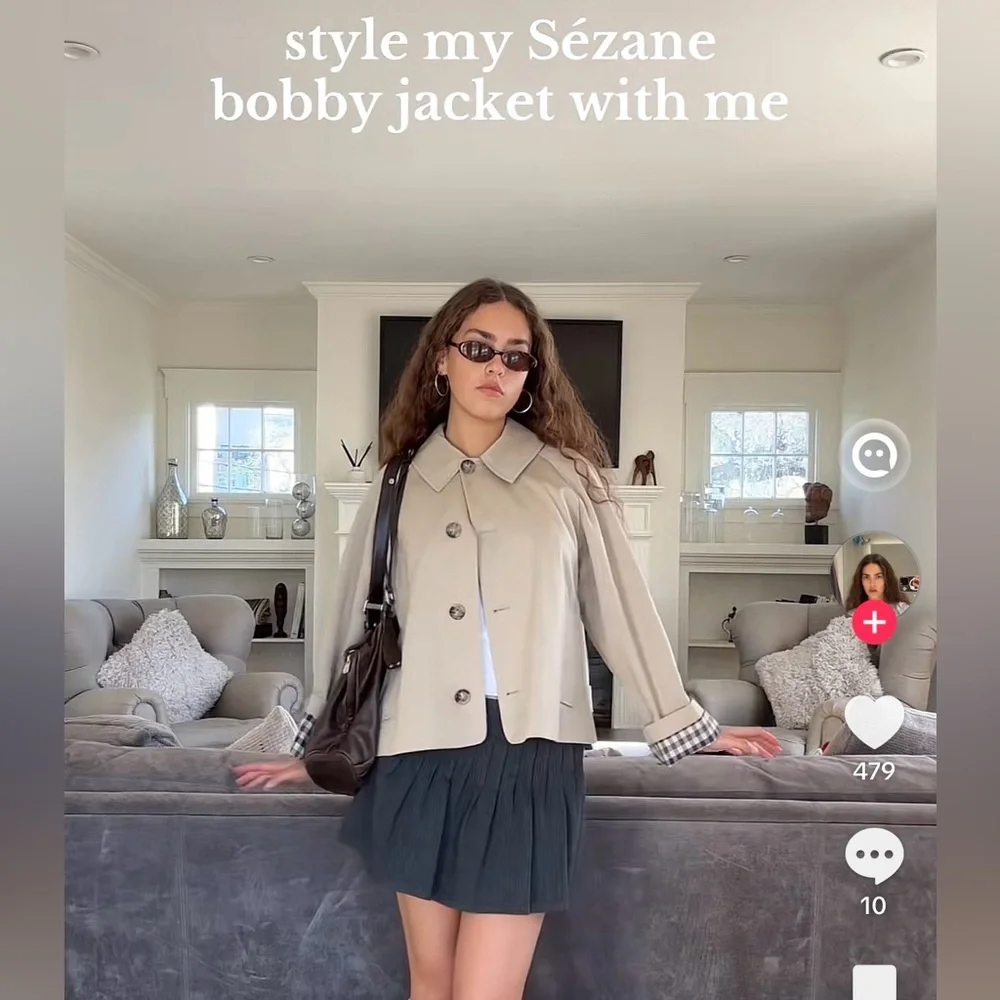 Sezane Bobby Jacket, Light Beige & Gingham, Oversized Cropped Trench, NWT Size 2 - Picture 14 of 16